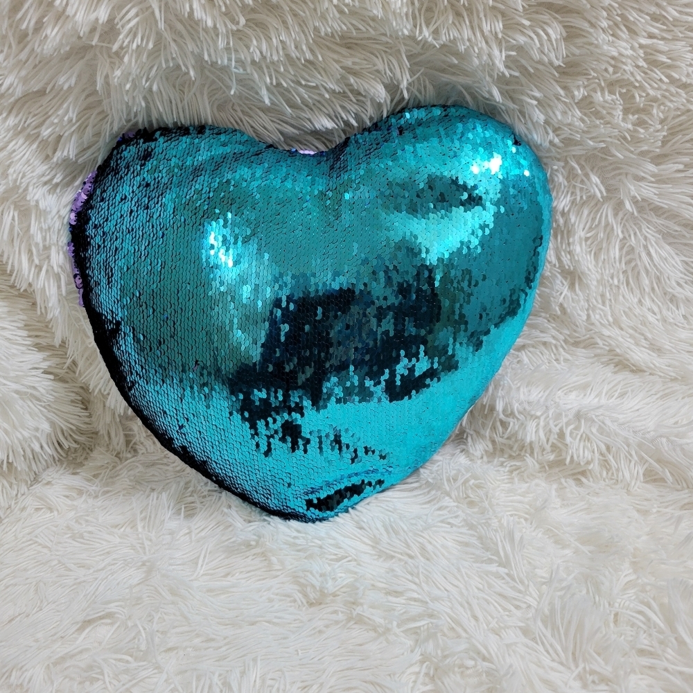 Flip Sequins Heart shaped Girl Mermaid Teal & Purple  decorative pillow